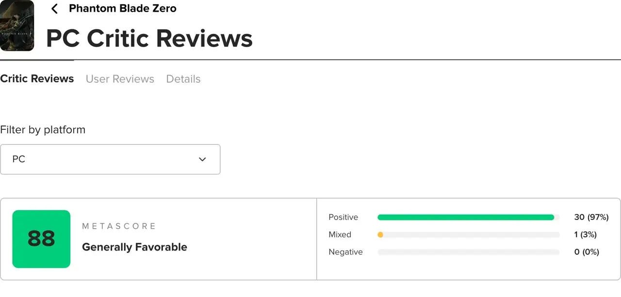 PC platform filter and a Metascore of 88 on the critic-review page