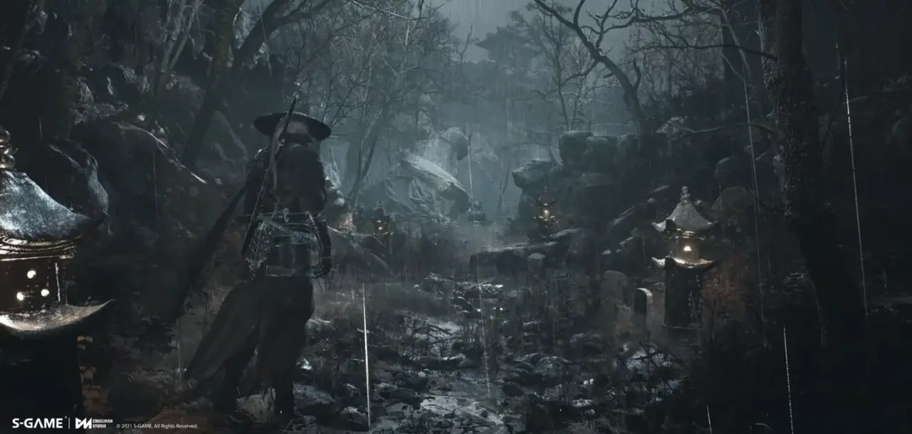 Soul on an overgrown forest path in official Phantom Blade Zero concept art