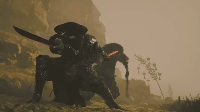 Soul draws his sword against an enemy in a desert screenshot from Phantom Blade Zero