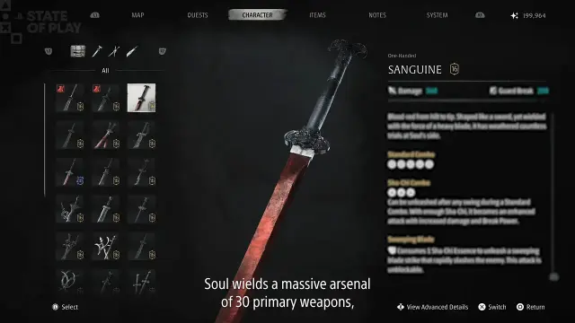 Phantom Blade Zero sanguine weapon menu